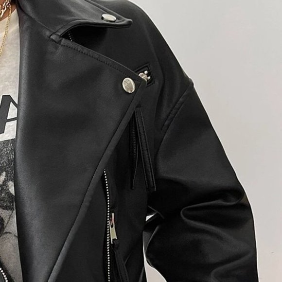 BLACK PU LEATHER ZIPPER BIKER JACKET - Picture 6 of 6